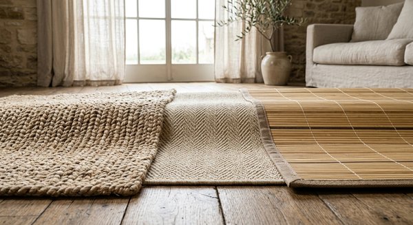 Natural fiber rugs showing jute, sisal, and bamboo textures