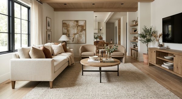Living room with perfectly proportioned area rug